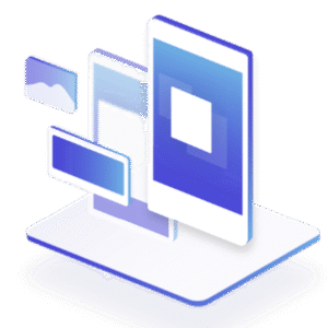 Logo with phone, tablet, and media windows representing social media services for Rhode Island businesses